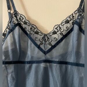 Victoria's Secret (Large) Sheer Blue Baby Doll with Black Lace Trimmed Lingerie